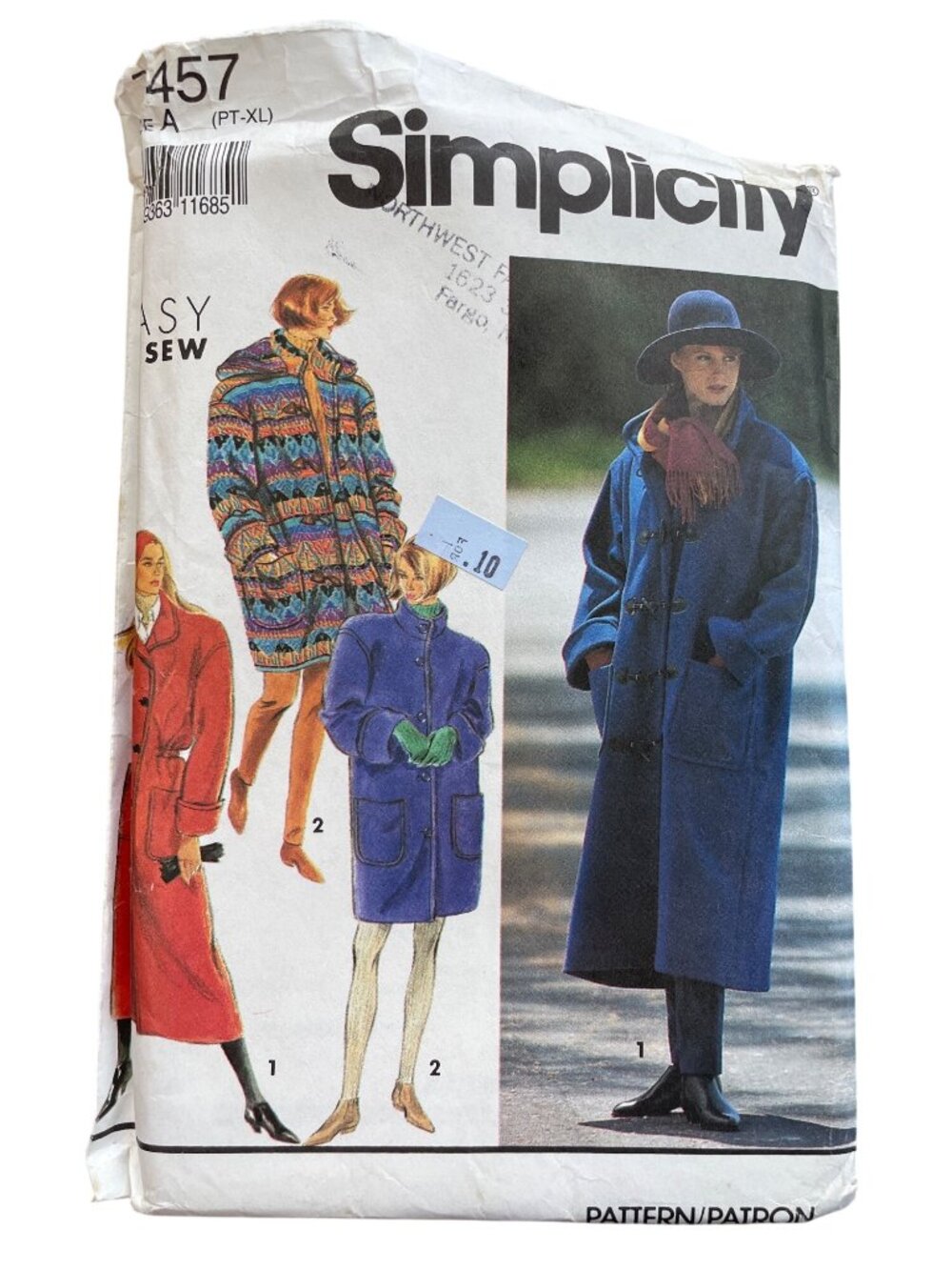 Vintage 90s Simplicity 7457 Lined Coat Sewing Pattern Sizes Petite-XL Hood UNCUT